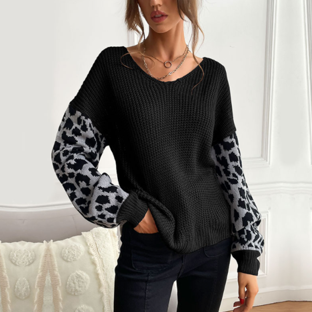 Women's V Neck Sweater With Leopard Print Sleeves