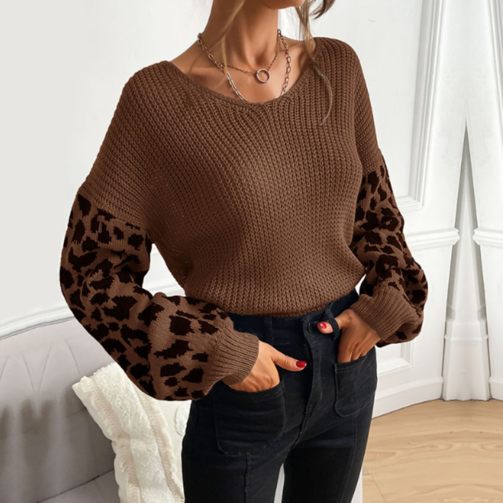 Women's V Neck Sweater With Leopard Print Sleeves