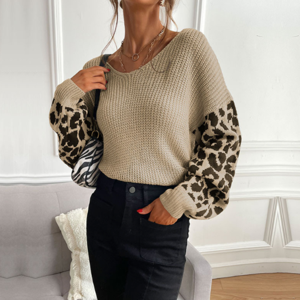 Women's V Neck Sweater With Leopard Print Sleeves